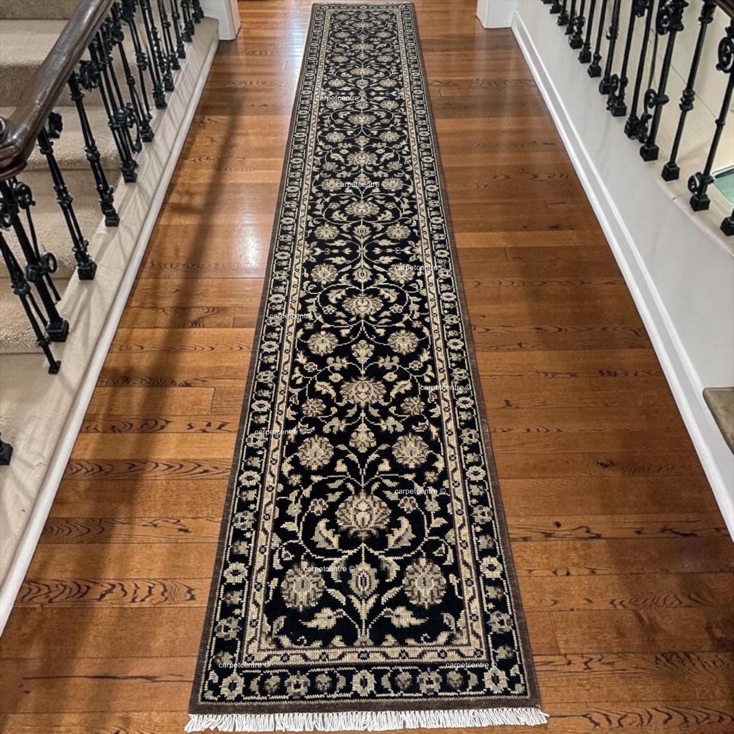 Handmade Oushak Wool Runner Rug, Black and Gold Floral Design Hallway Entryway Runner