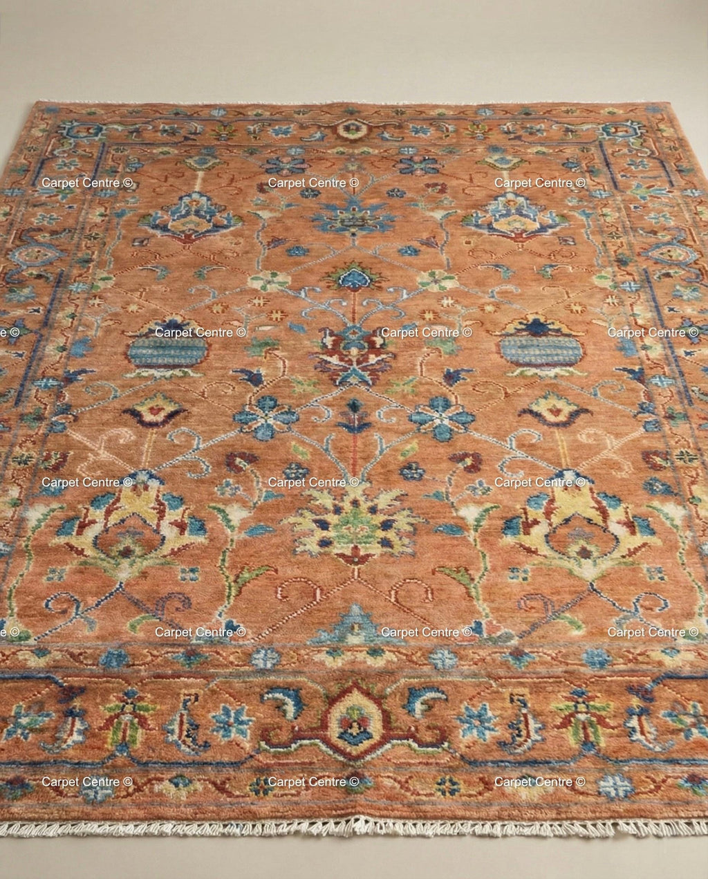 Hand Knotted Oushak Wool Rug, Rust Orange, Blue Floral Mahal