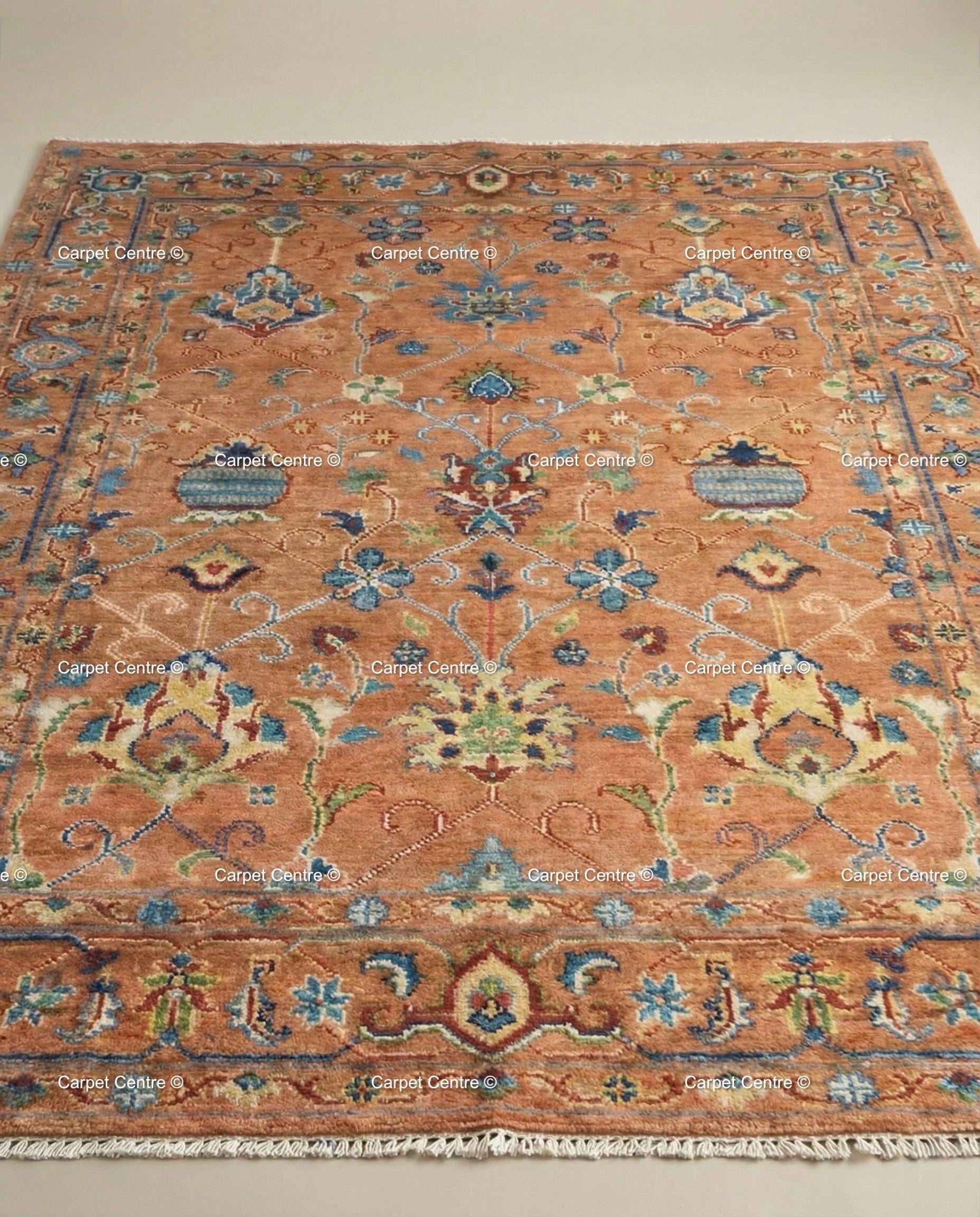 Hand Knotted Oushak Wool Rug, Rust Orange, Blue Floral Mahal