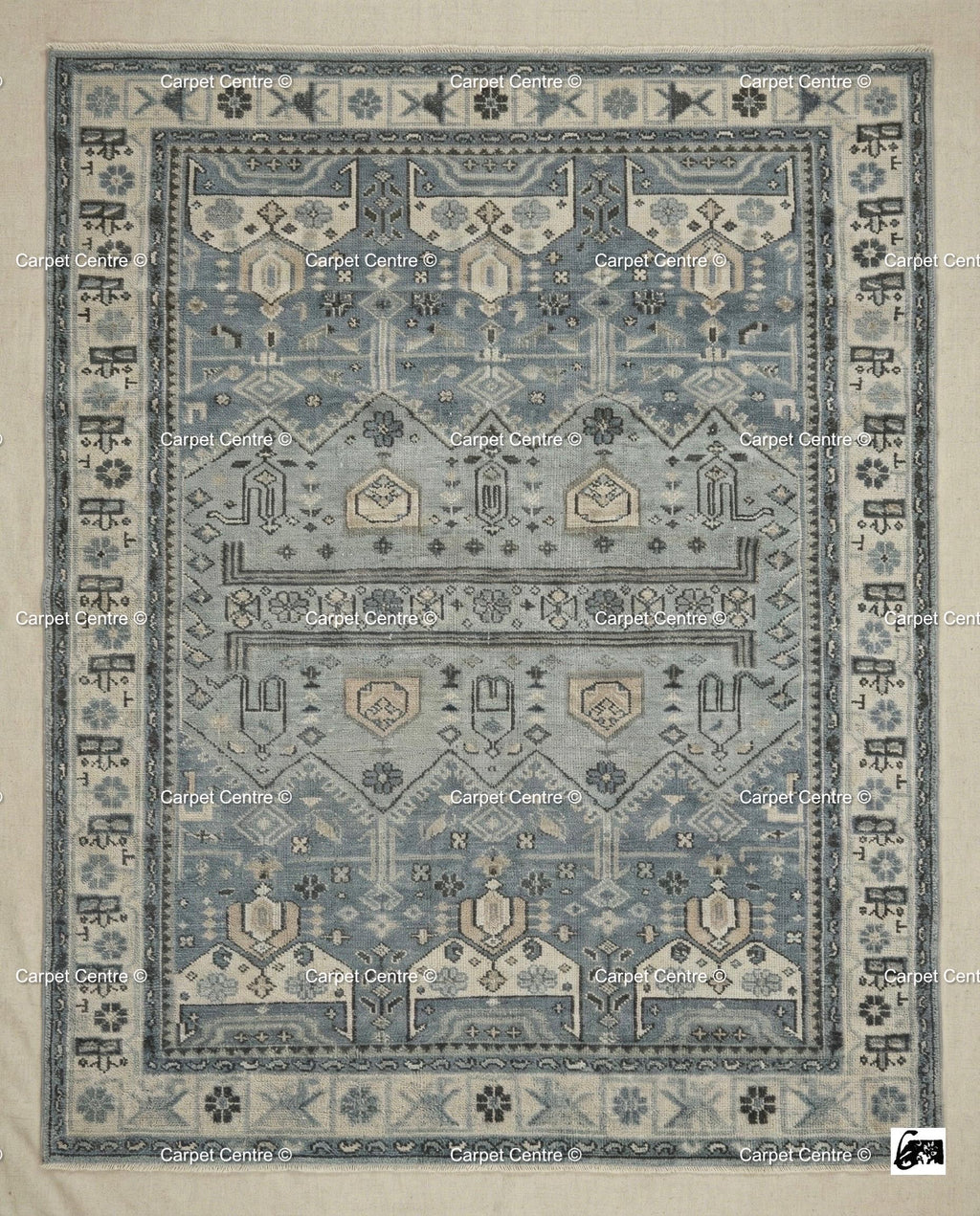 Hand-Knotted Wool Oushak Rug | Slate Blue Geometric Turkish Knot