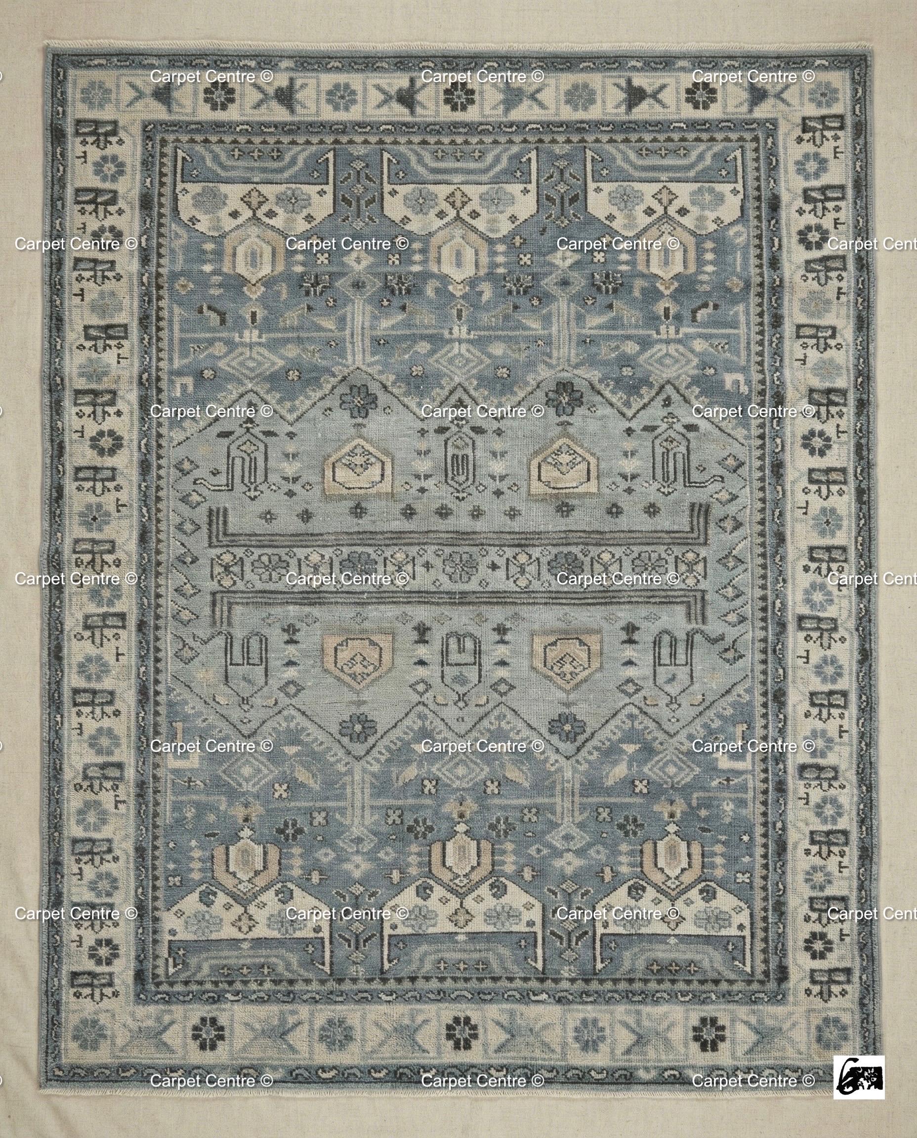 Hand-Knotted Wool Oushak Rug | Slate Blue Geometric Turkish Knot