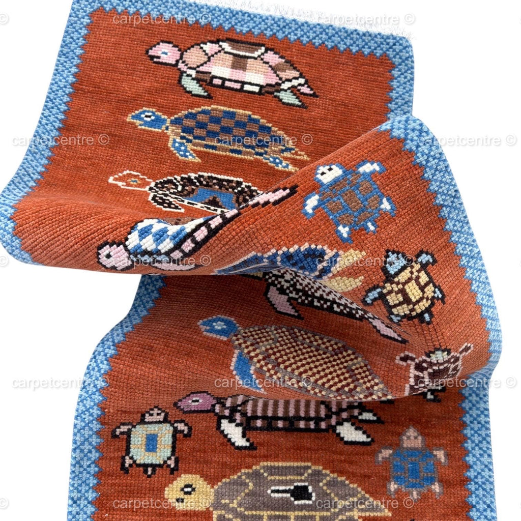 Hand Knotted Turtle Runner Rug, New Zealand Wool Oushak Style Carpet