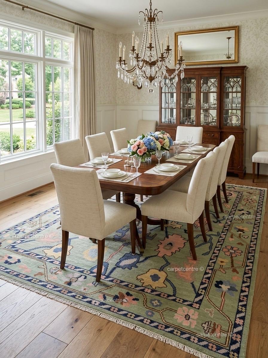 Hand Knotted Sage Green Oushak Wool Rug, Floral Botanical Area Rug