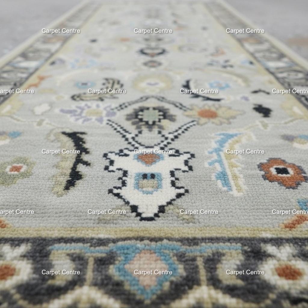 Hand-Knotted Oushak Wool Runner Rug: Neutral Sage Green Medallion Design