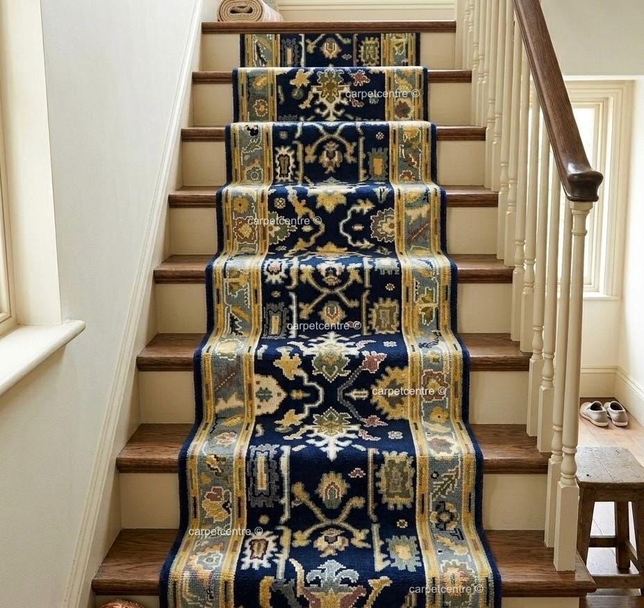 Handmade Navy Blue Oushak Runner Rug | Floral Hallway Entryway Wool Rug