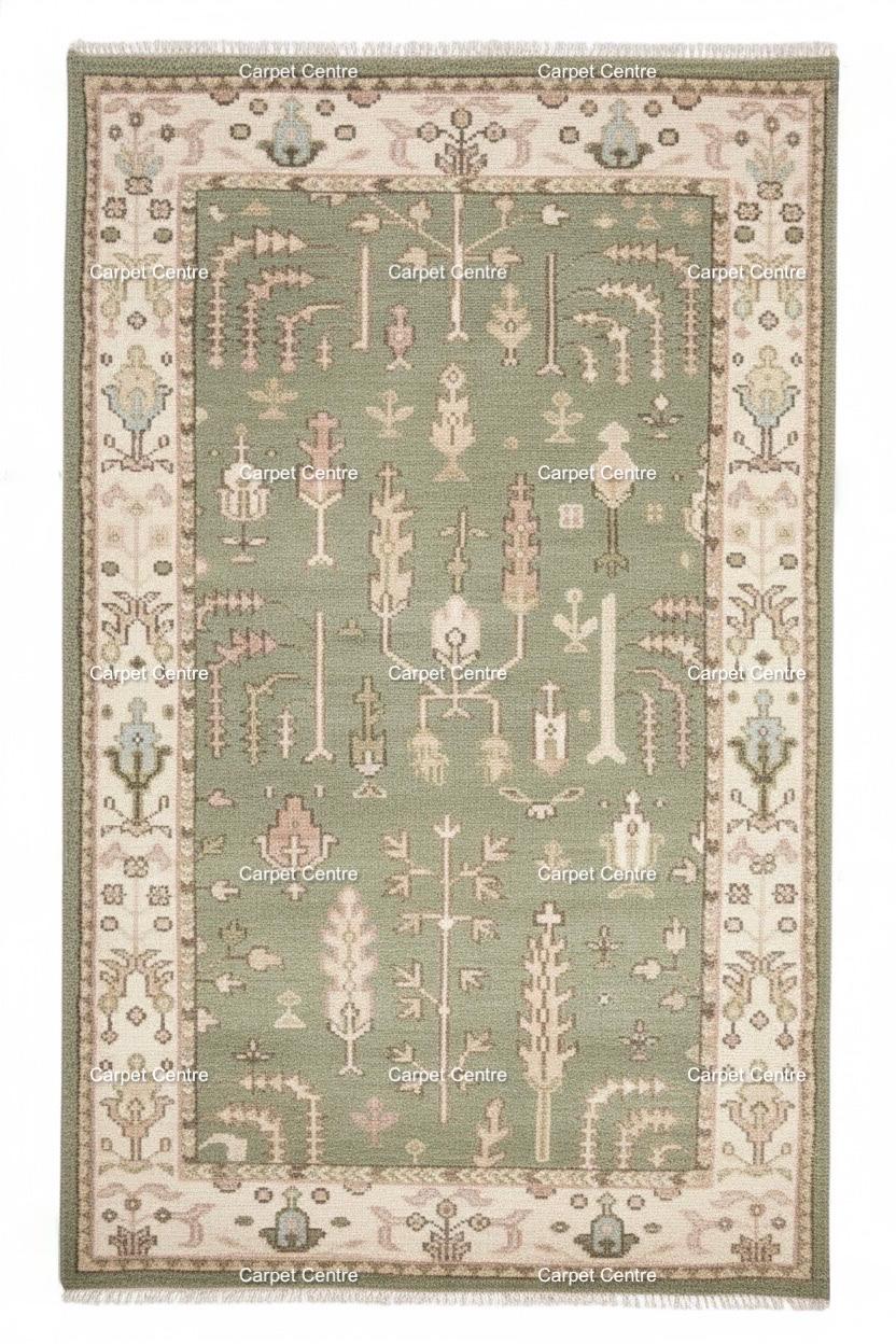 Hand-Knotted Sage Green Wool Rug: Tribal Tree of Life, Farmhouse Style