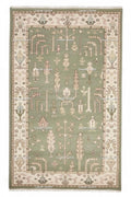Hand-Knotted Sage Green Wool Rug: Tribal Tree of Life, Farmhouse Style