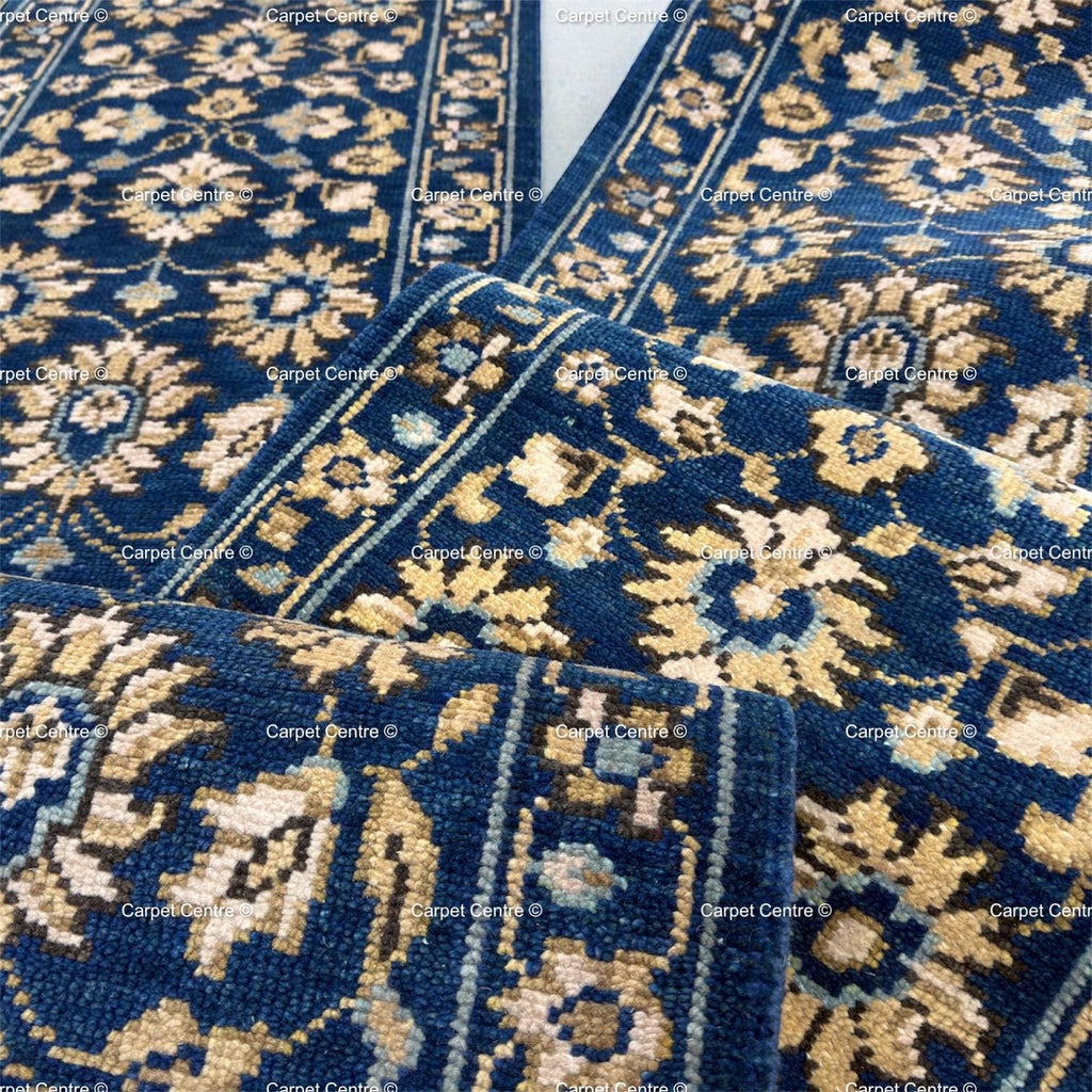 Hand-Knotted Wool Runner Rug | Navy Blue Oushak Floral Hallway Carpet
