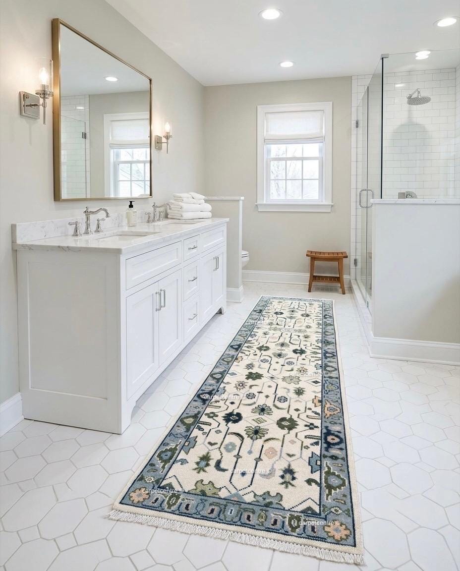 Hand Knotted Oushak Runner, Ivory Blue Wool Hallway Rug, Modern Farmhouse Style