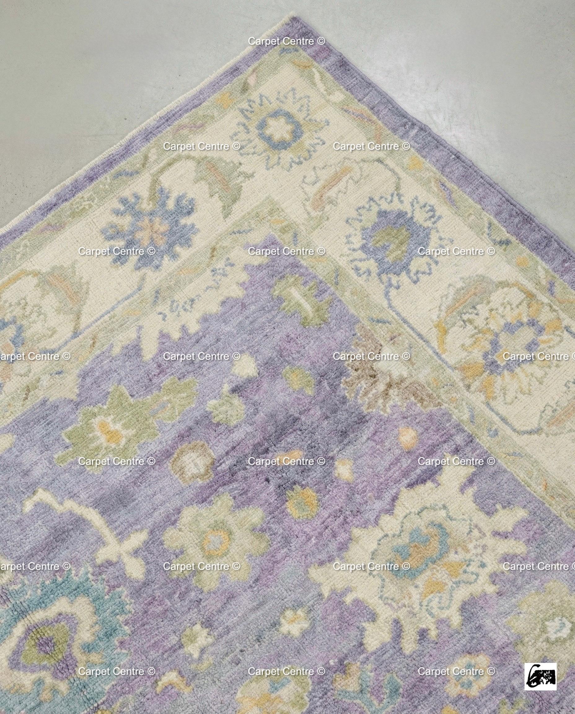 Hand-Knotted Wool Oushak Rug, Lavender Floral, Vintage Style