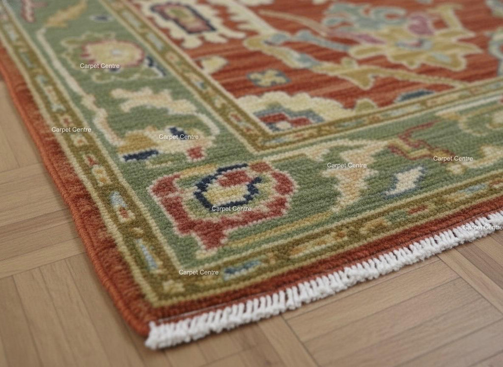 Hand-Knotted Terracotta Runner Rug, Wool Oushak Style, Sage Green