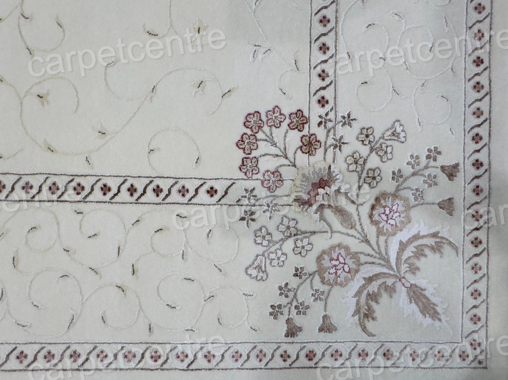 Handwoven Wool Art Silk Rug: Ivory Floral Border (11'3" x 8'3")