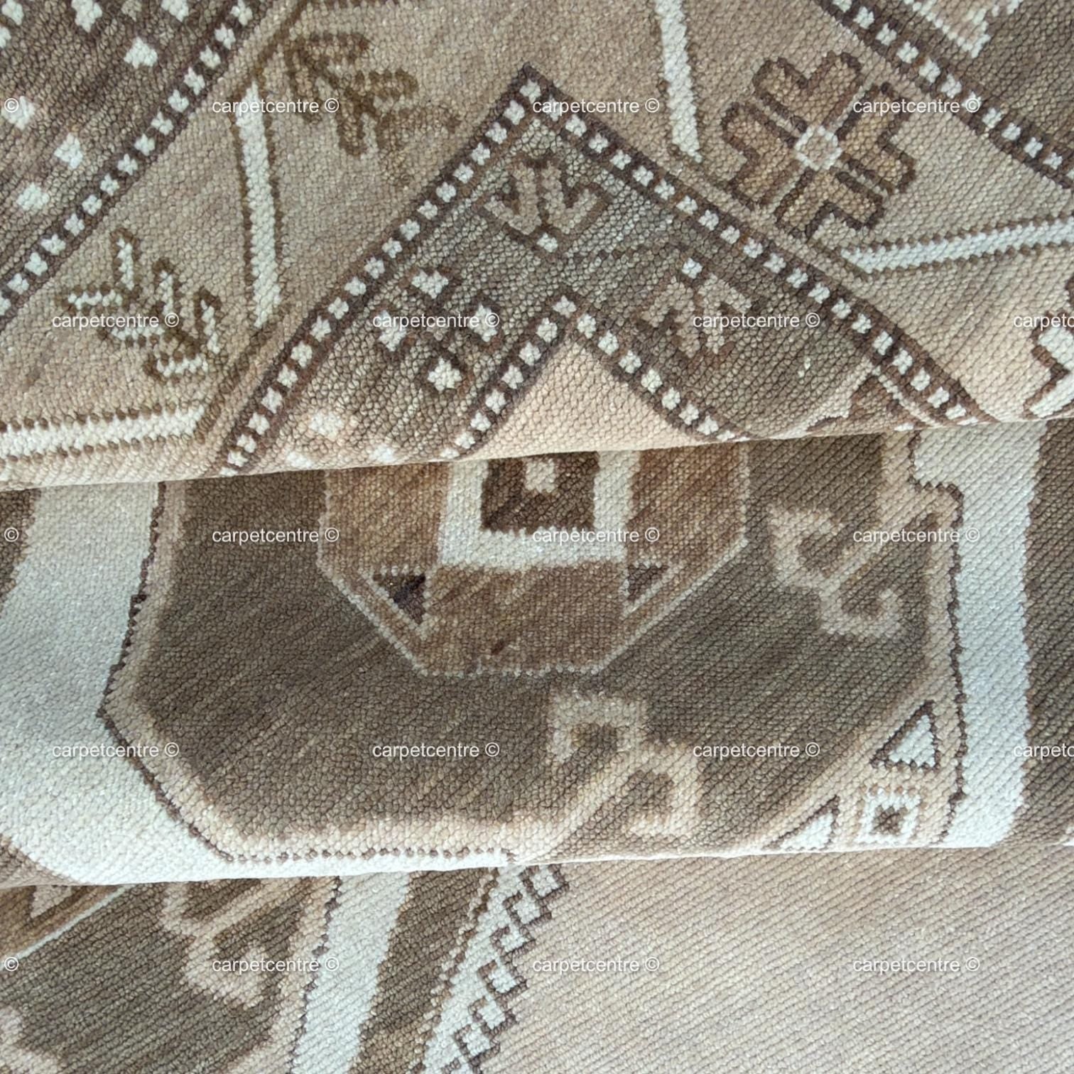 Handknotted Oushak Rug | Neutral Beige Wool Turkish Tribal Carpet