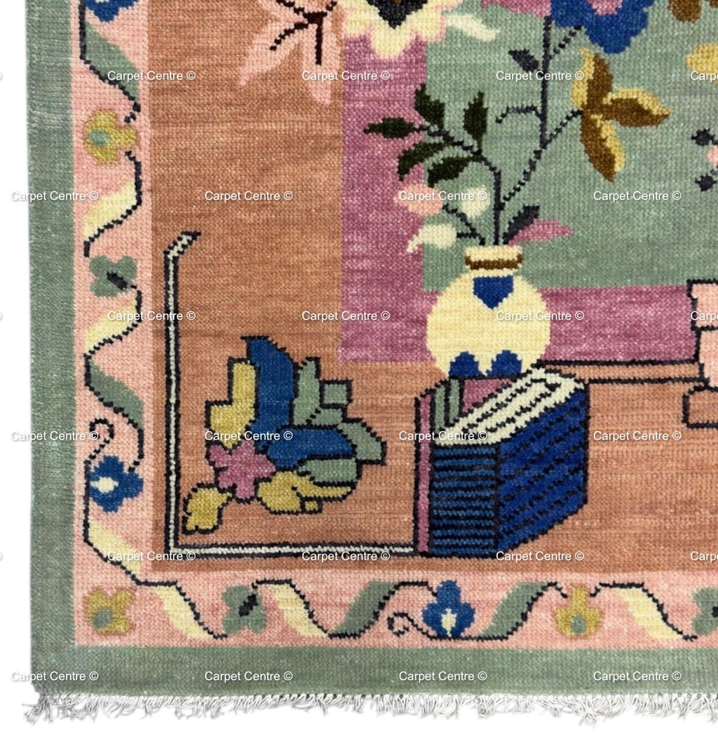 Hand Knotted Oushak Wool Rug, Chinoiserie Floral Oriental Carpet, Pastel Living Room Bedroom