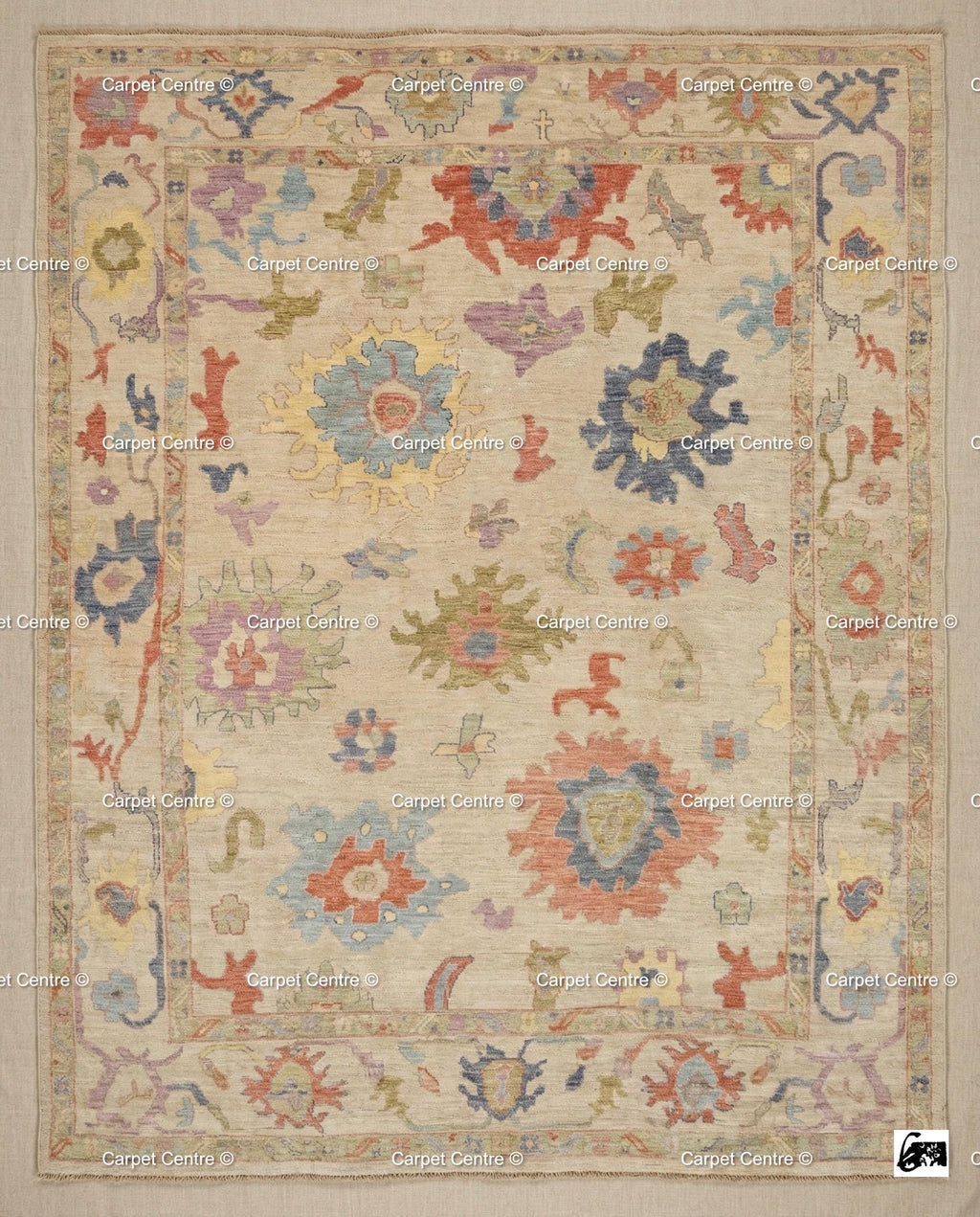 Hand Knotted Wool Oushak Rug – Beige & Pastel Floral, Turkish Knot
