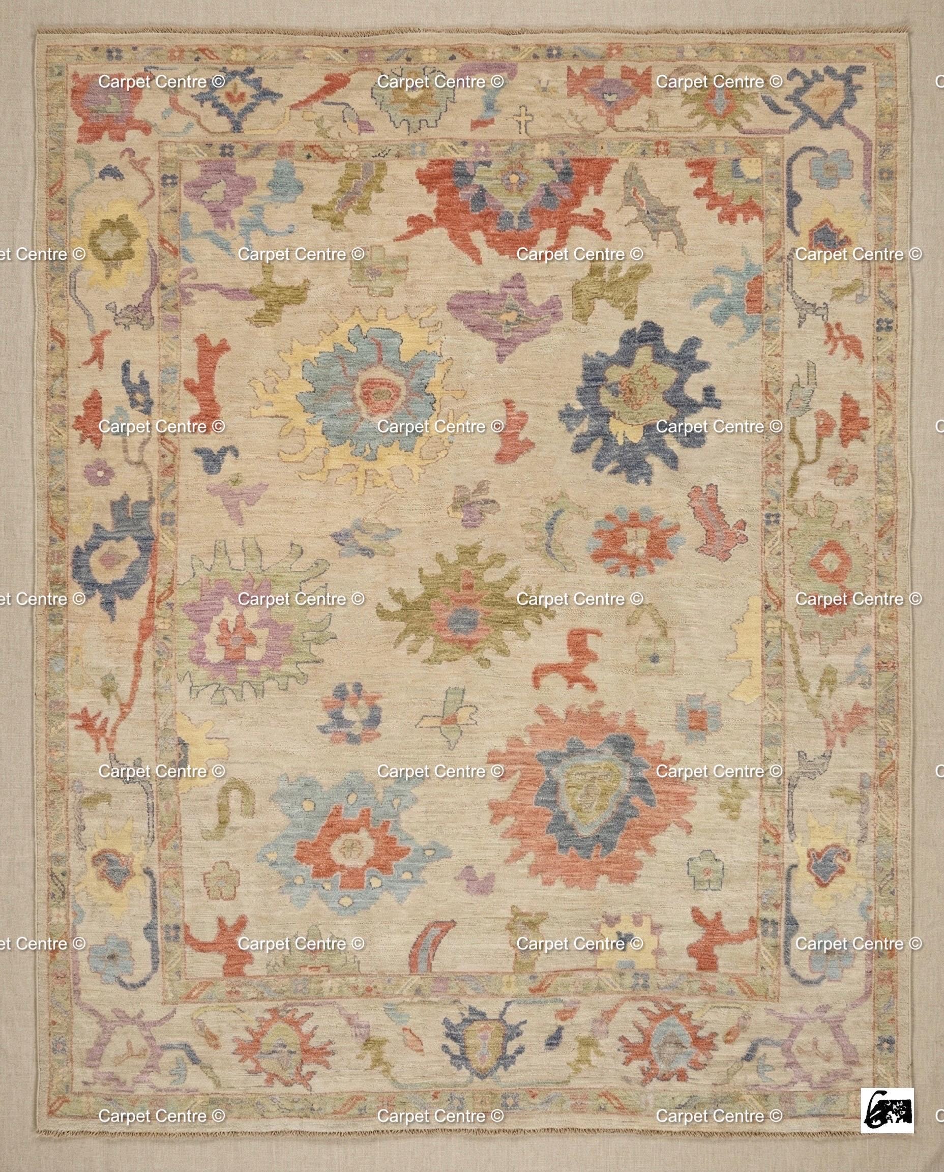 Hand Knotted Wool Oushak Rug – Beige & Pastel Floral, Turkish Knot