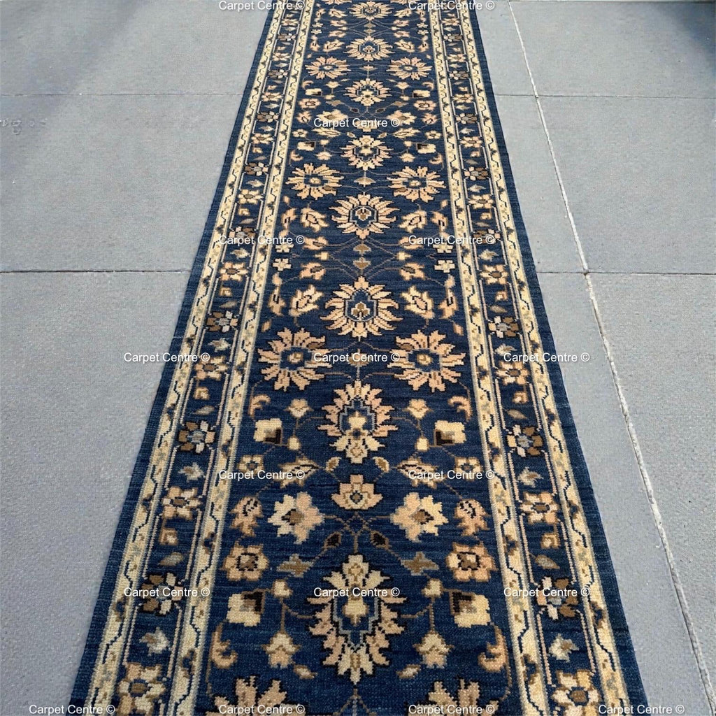 Handmade Oushak Wool Runner Rug: Navy Blue Floral Hallway Rug