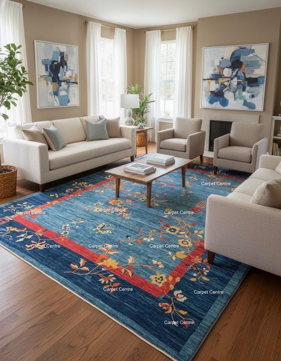 Hand-Knotted Oushak Wool Rug | Blue & Red Chinoiserie Floral Design