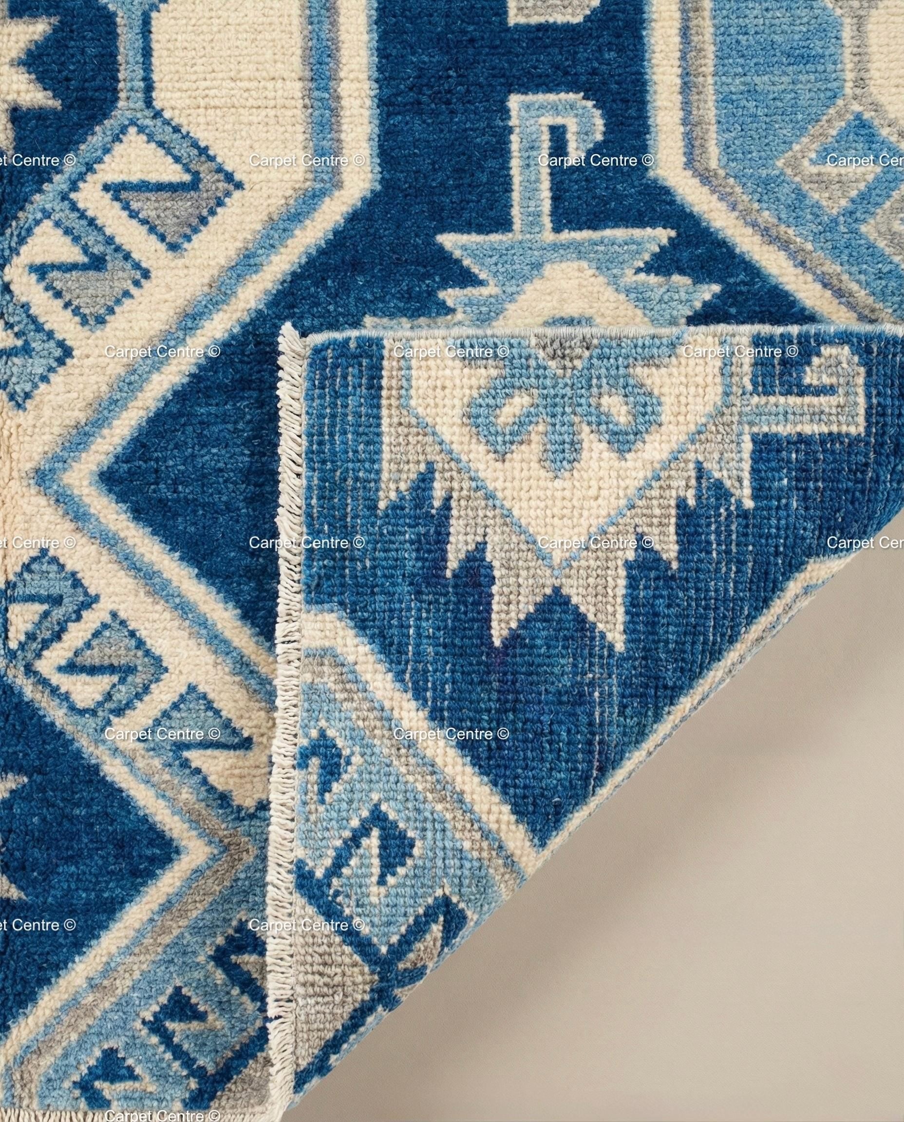 Royal Blue Wool Runner Rug, Hand-Knotted Oushak, Coastal Greek Star