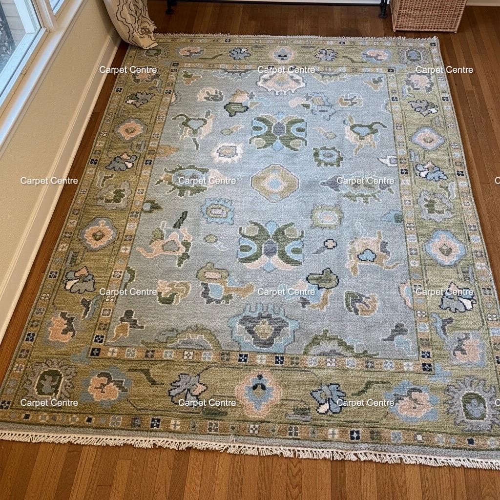 8x10 Hand-Knotted Wool Oushak Rug, Sage Green Border, Modern Traditional Floral