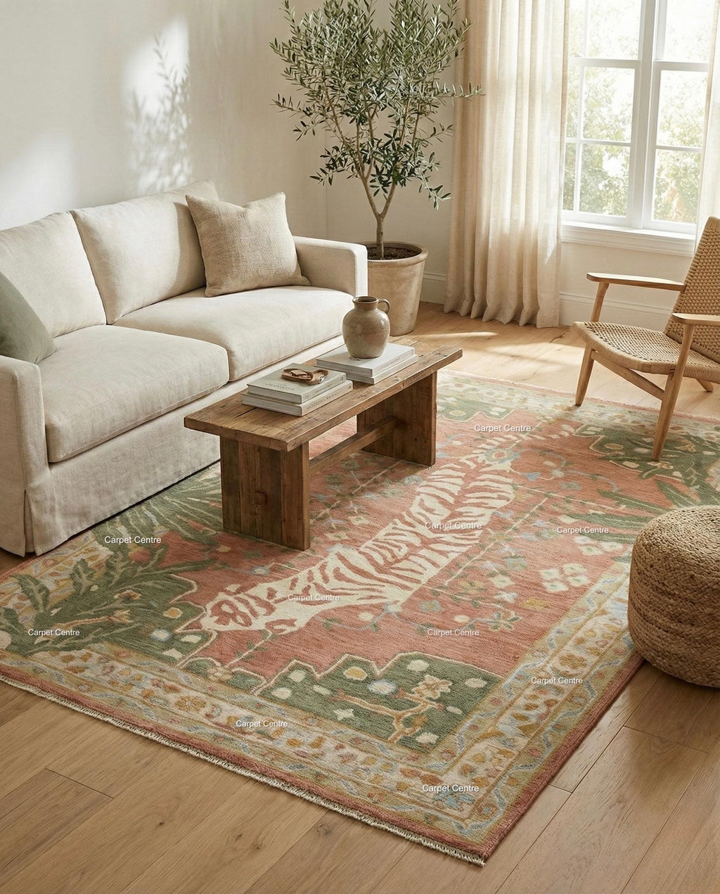 Hand-Knotted Wool Tiger Rug, Terracotta Peach, Tropical Nursery Decor