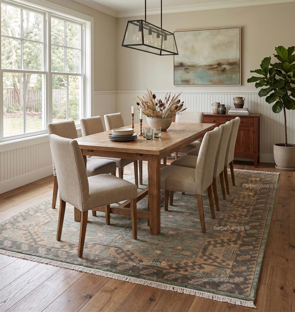 Hand Knotted Oushak Rug: Sage Green Tribal Wool, Turkish Artisan Design