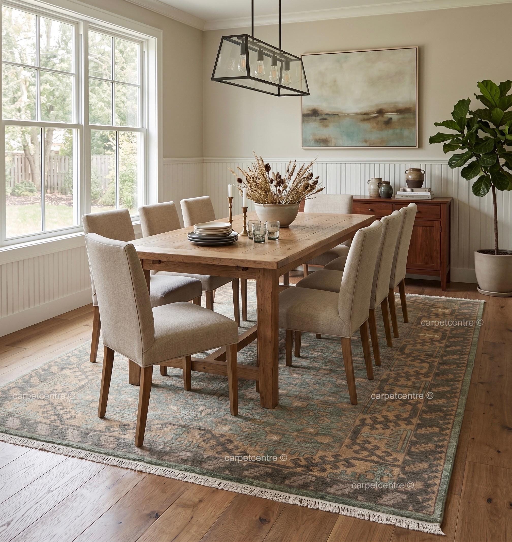 Hand Knotted Oushak Rug: Sage Green Tribal Wool, Turkish Artisan Design