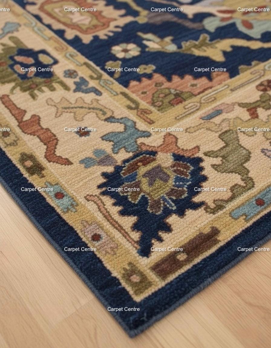 Navy Blue Oushak Wool Rug | Hand-Knotted Medallion Carpet