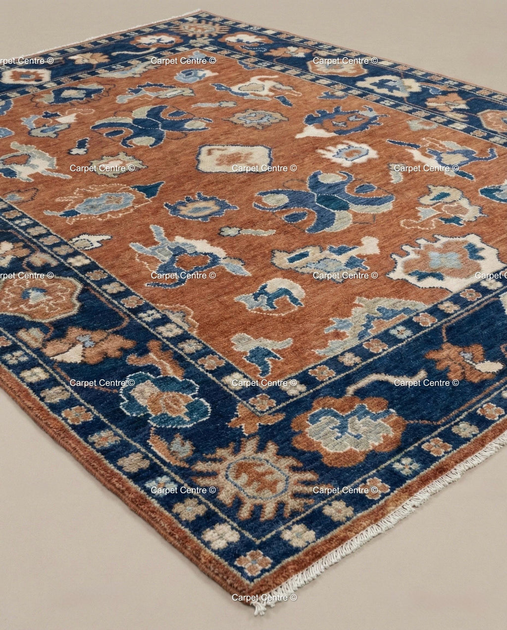 Rust Orange Oushak Rug, Navy Border, Hand Knotted Wool Carpet