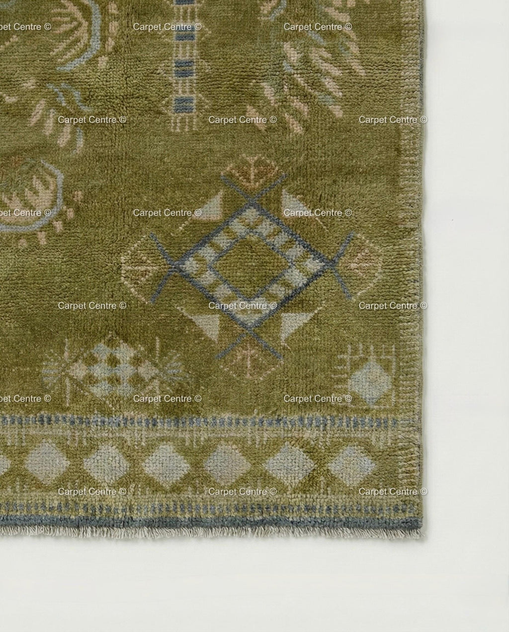 Hand-Knotted Olive Green Wool Oushak Rug 8x10 | Vintage Turkish Low Pile Carpet