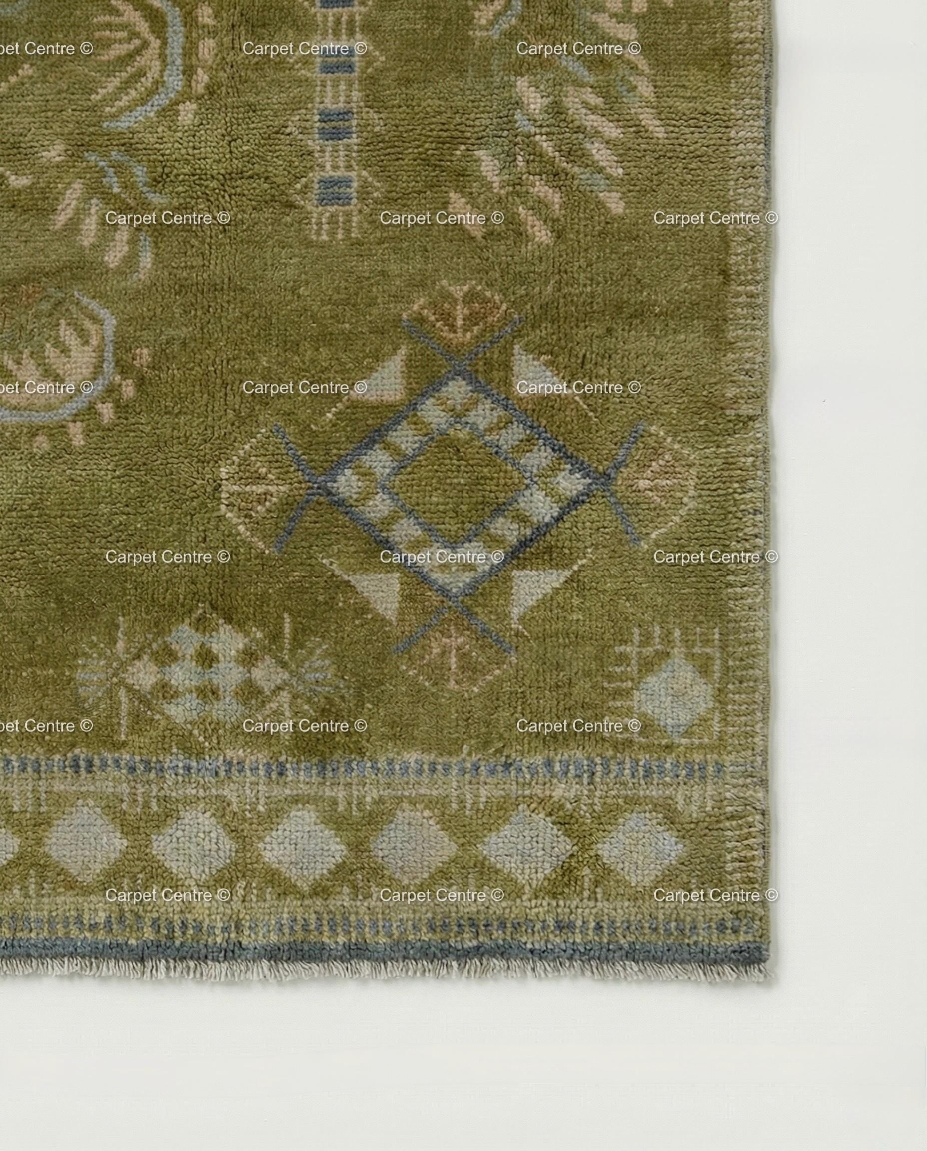 Hand-Knotted Olive Green Wool Oushak Rug 8x10 | Vintage Turkish Low Pile Carpet
