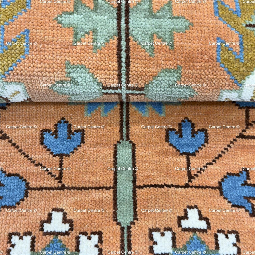 Hand-Knotted Terracotta Oushak Hallway Runner Rug, Handspun Wool Tree of Life, Navy Border