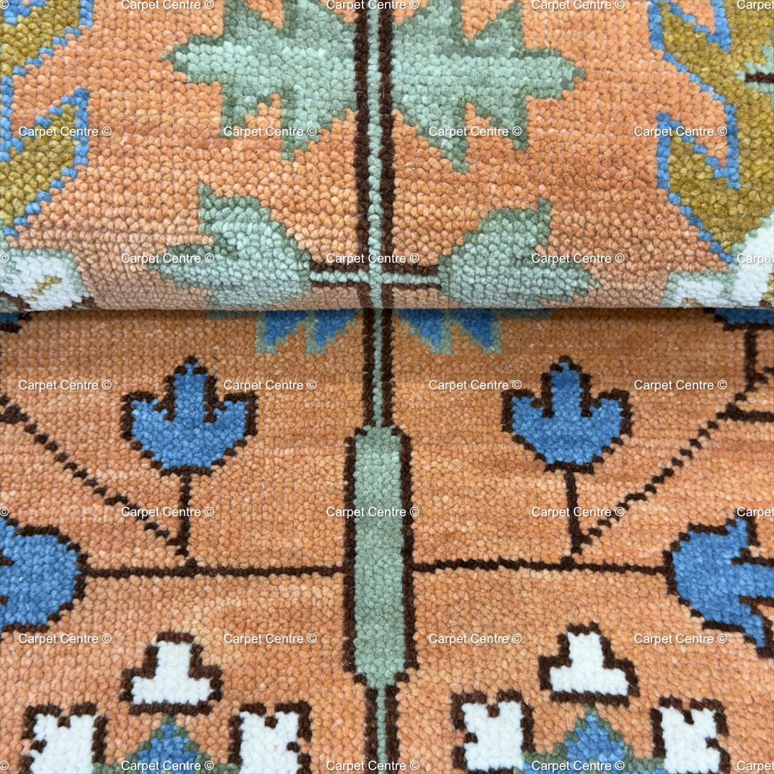 Hand-Knotted Terracotta Oushak Hallway Runner Rug, Handspun Wool Tree of Life, Navy Border