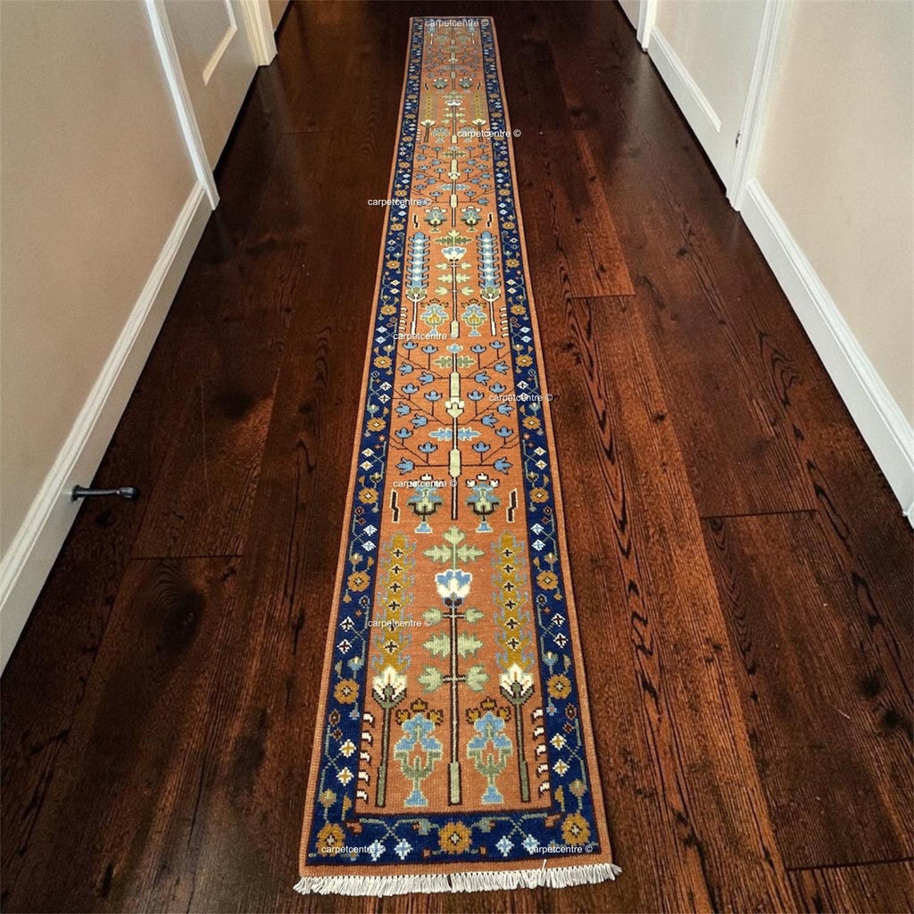 Hand-Knotted Wool Oushak Runner, Terracotta Tree of Life, Navy Border Hallway Rug