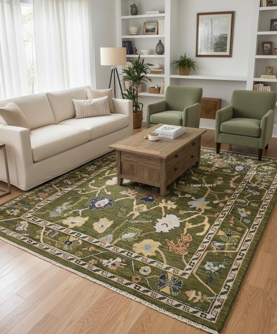 Hand-Knotted Wool Oushak Rug, Olive Green Arts & Crafts Style