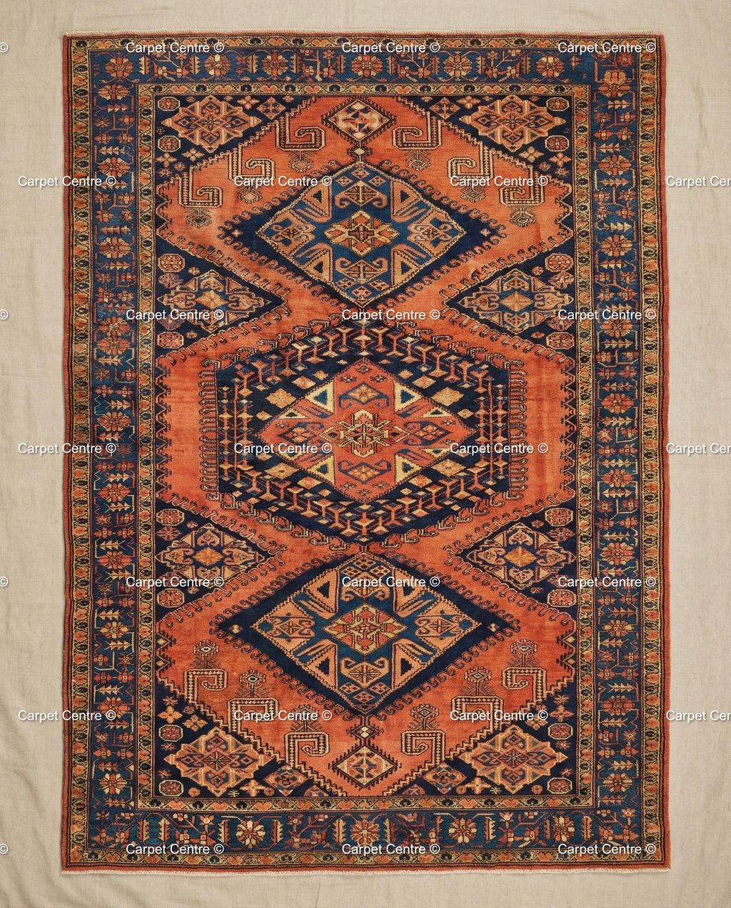 Terracotta Oushak Wool Rug, Rust Orange & Navy Blue, Hand Knotted