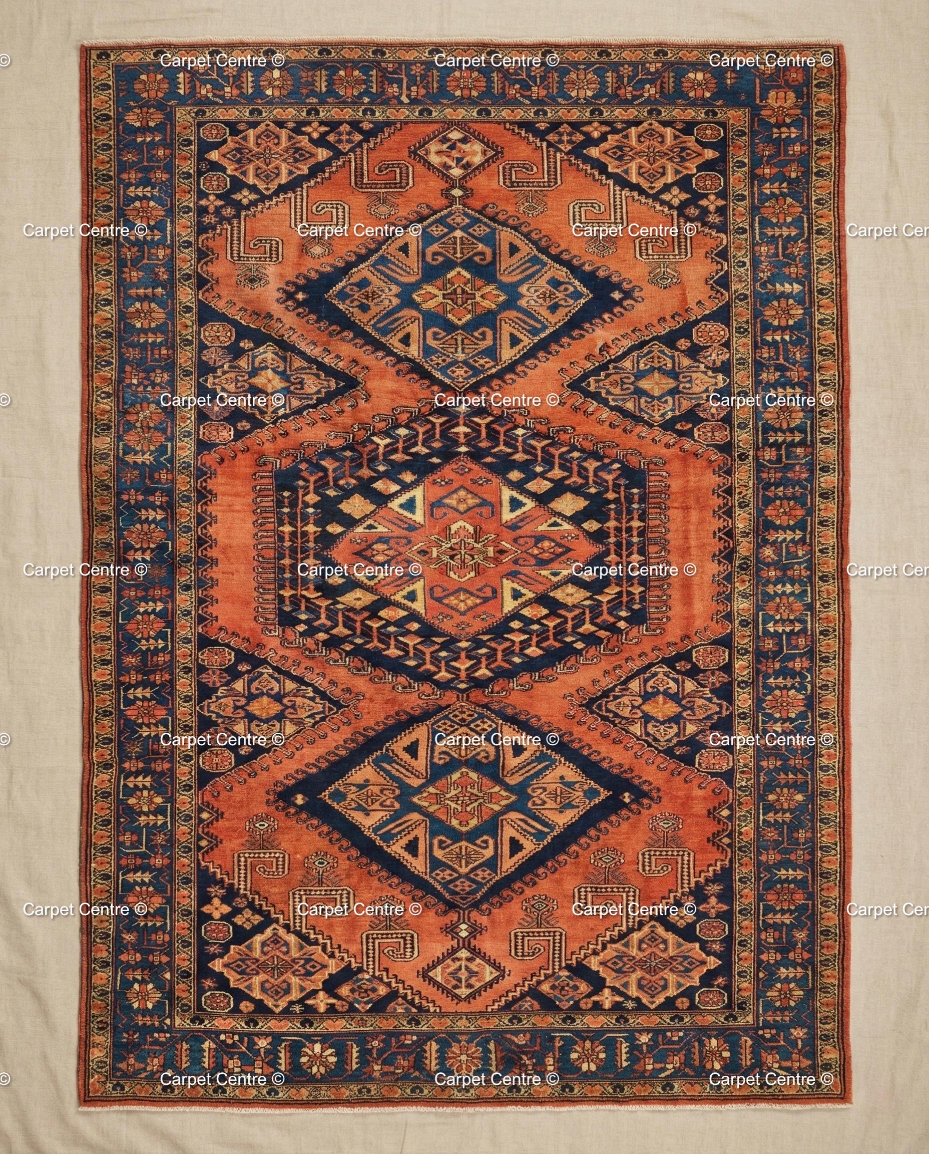 Terracotta Oushak Wool Rug, Rust Orange & Navy Blue, Hand Knotted