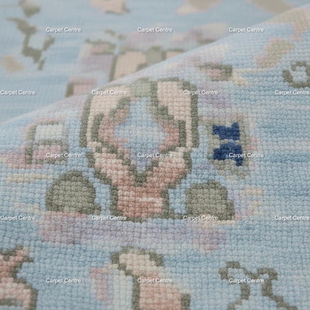 Hand-Knotted Oushak Wool Runner Rug: Pale Blue Floral Medallion