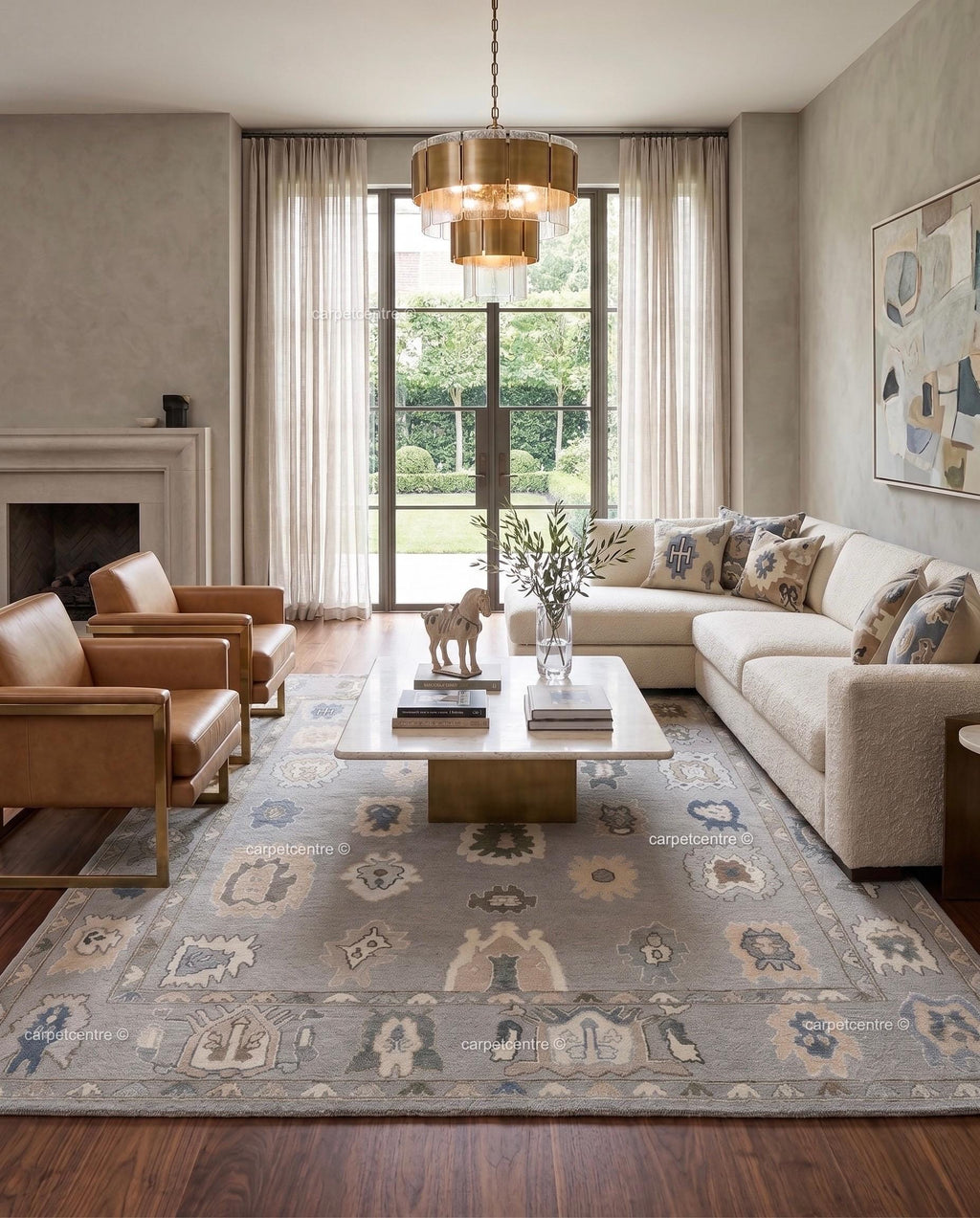 Hand Knotted Wool Oushak Rug | Muted Geometric Tribal Design, Neutral Tones