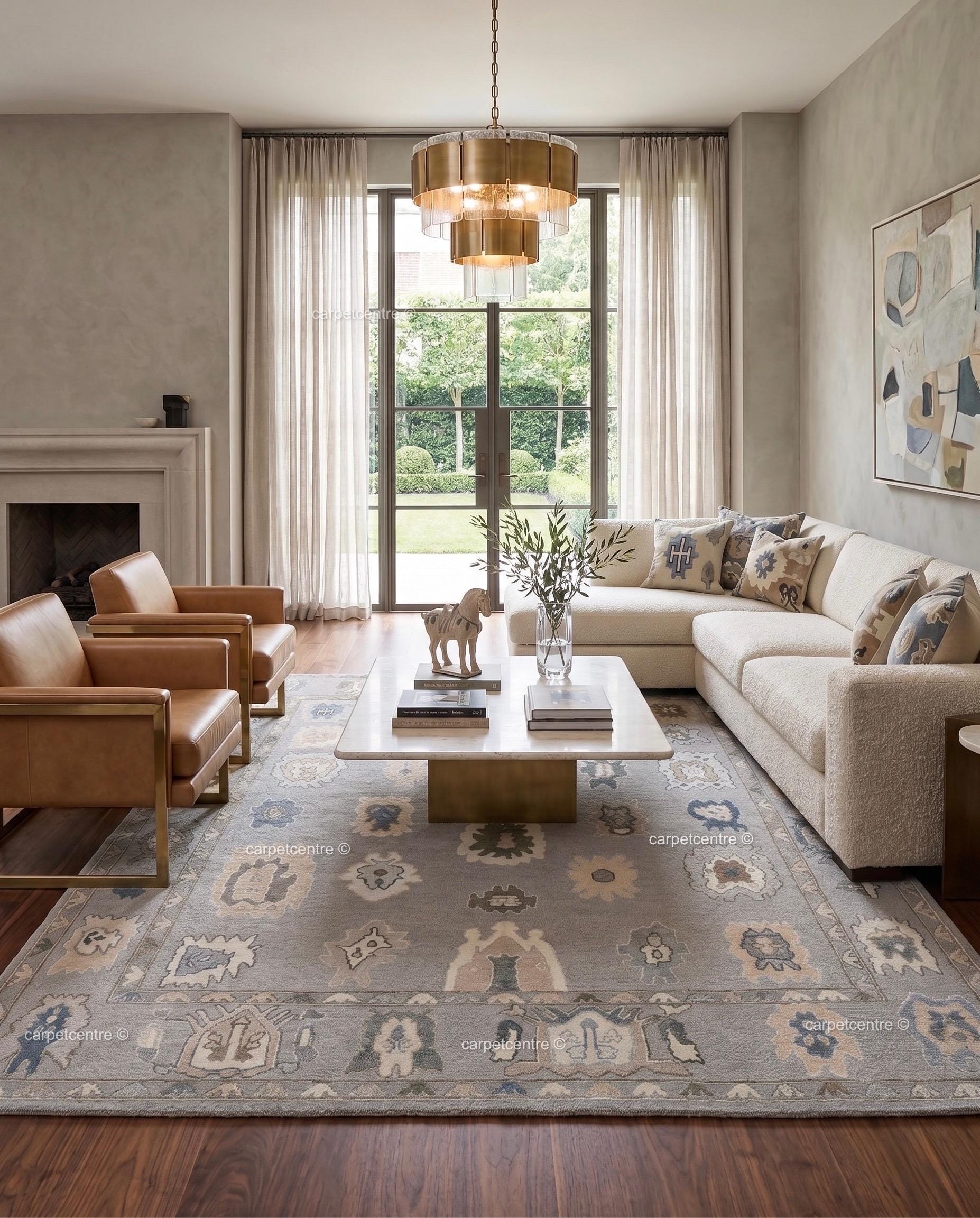 Hand Knotted Wool Oushak Rug | Muted Geometric Tribal Design, Neutral Tones