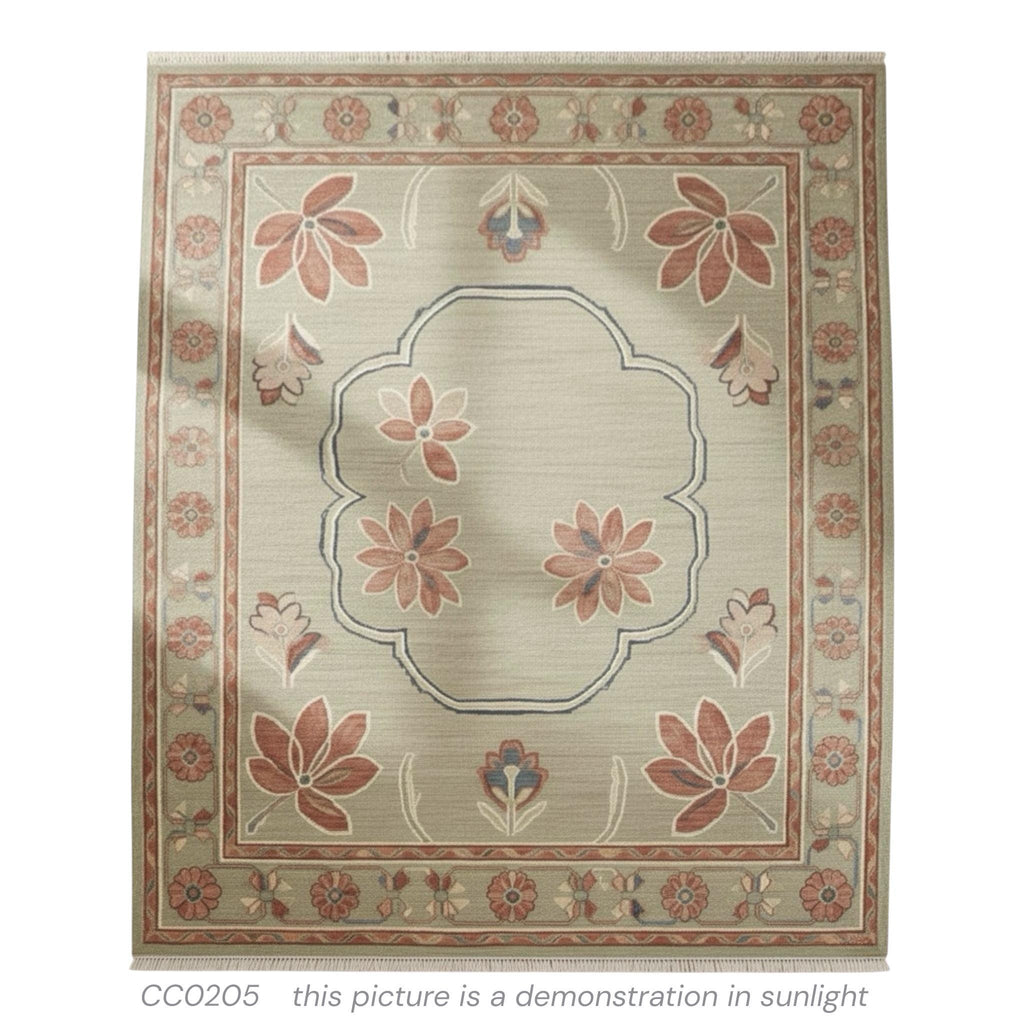 Handwoven Oushak Wool Rug: Sage Green Rust Floral