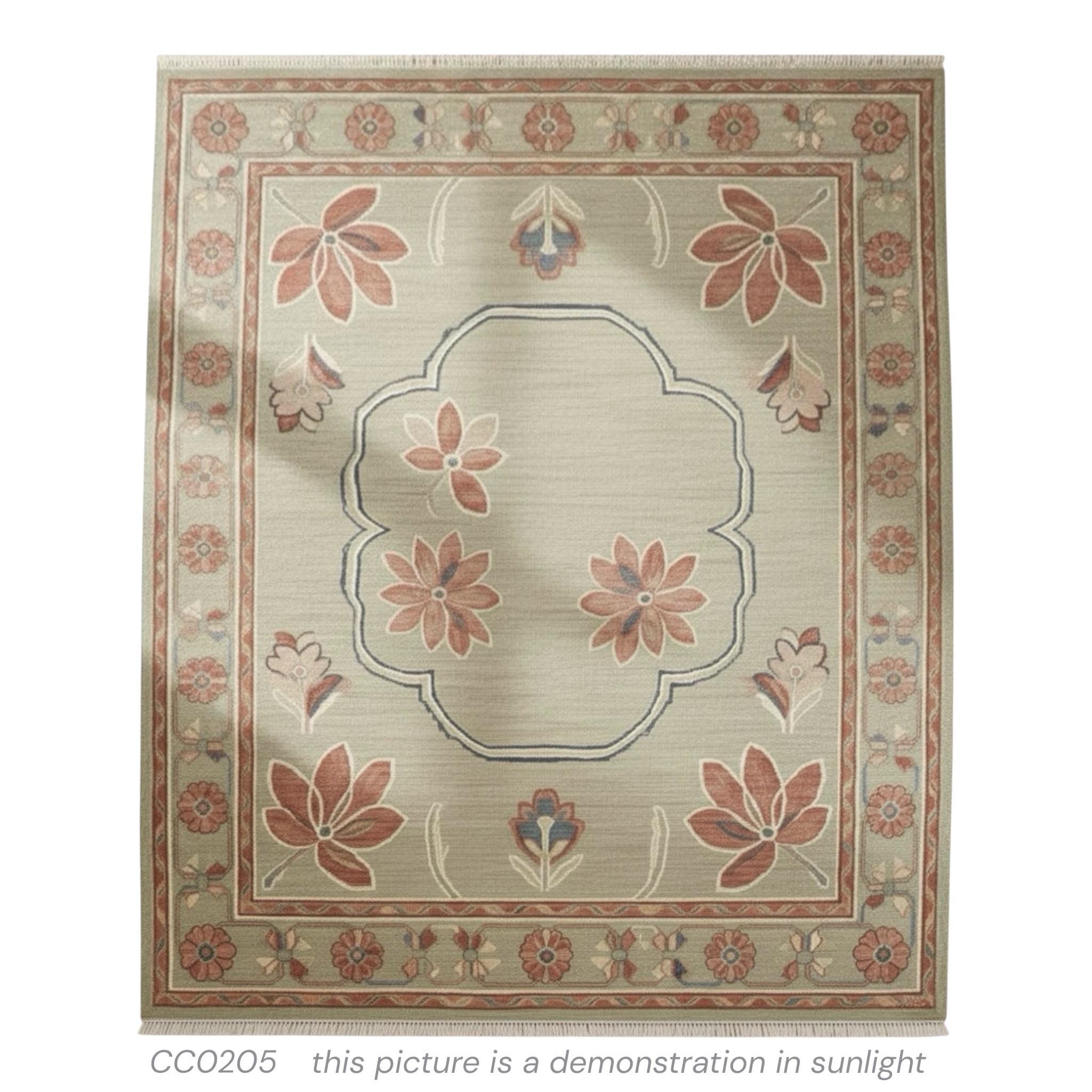 Handwoven Oushak Wool Rug: Sage Green Rust Floral