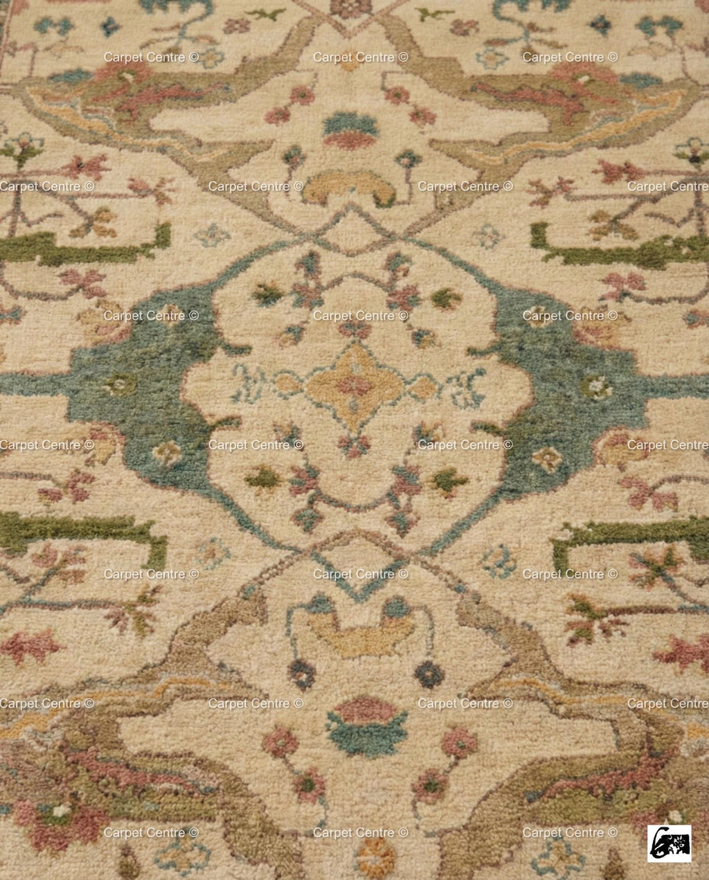 Hand Knotted Wool Oushak Rug, Beige Geometric Medallion, Turkish Knot