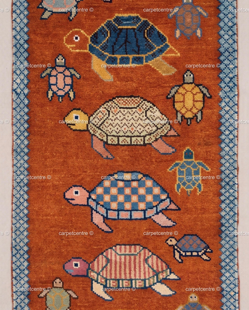 Handmade Wool Runner Rug – Rust Orange Tortoise Turtle Design, Coastal Hallway Carpet