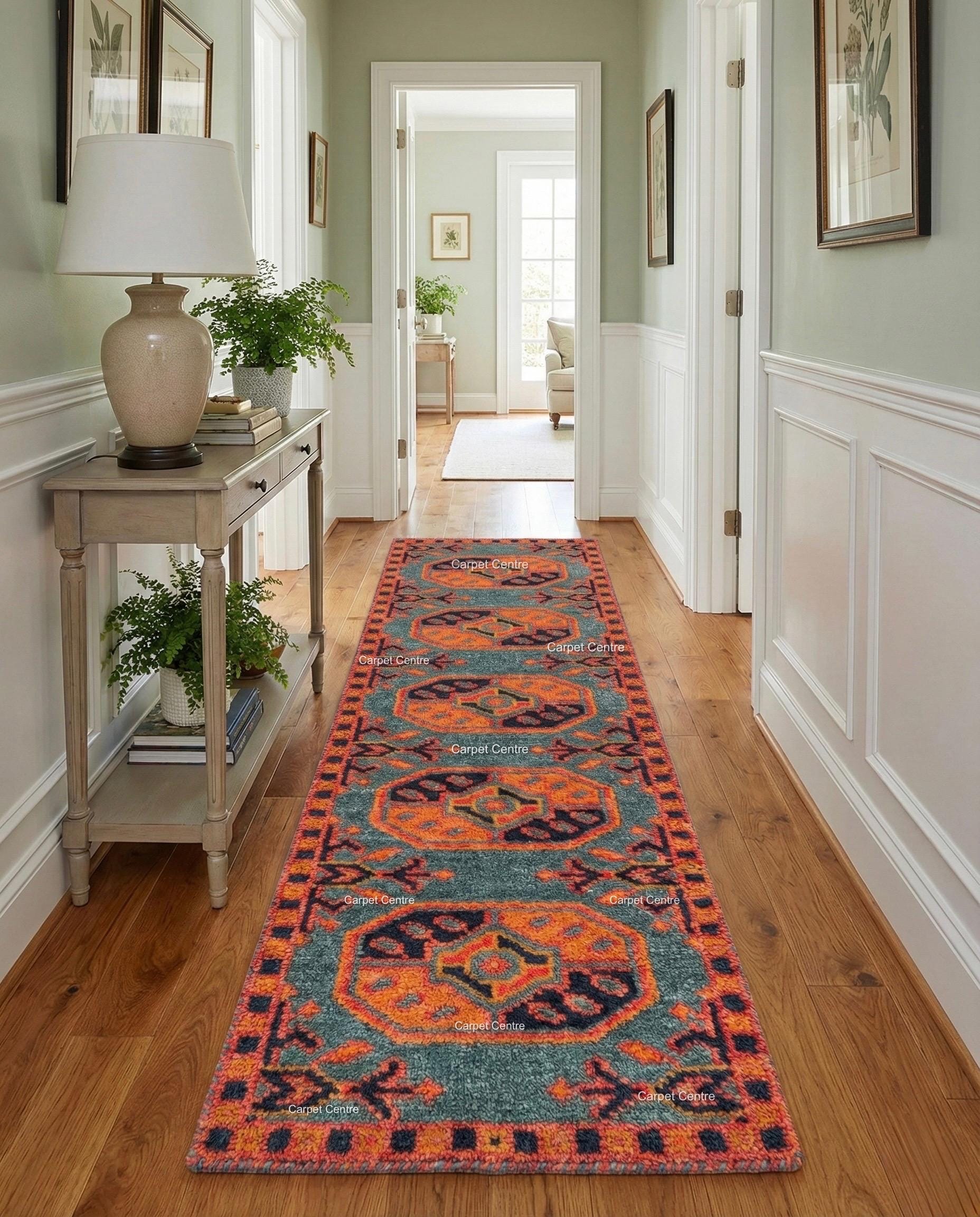 Teal Oushak Wool Runner, Hand Knotted Geometric Hallway Carpet