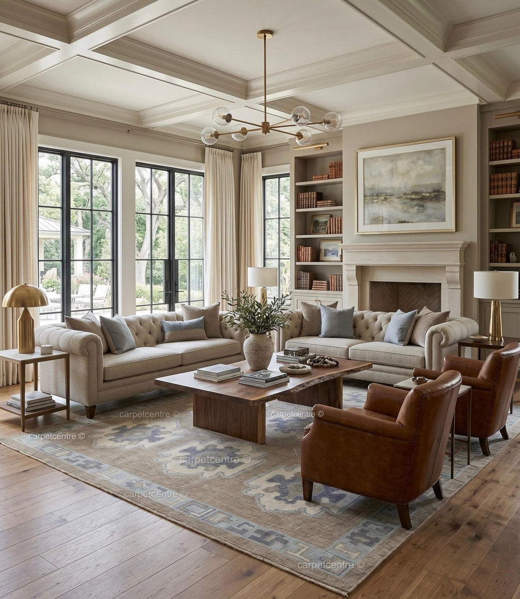 Hand Knotted Wool Oushak Rug | Taupe Blue Tribal Vintage Style Carpet