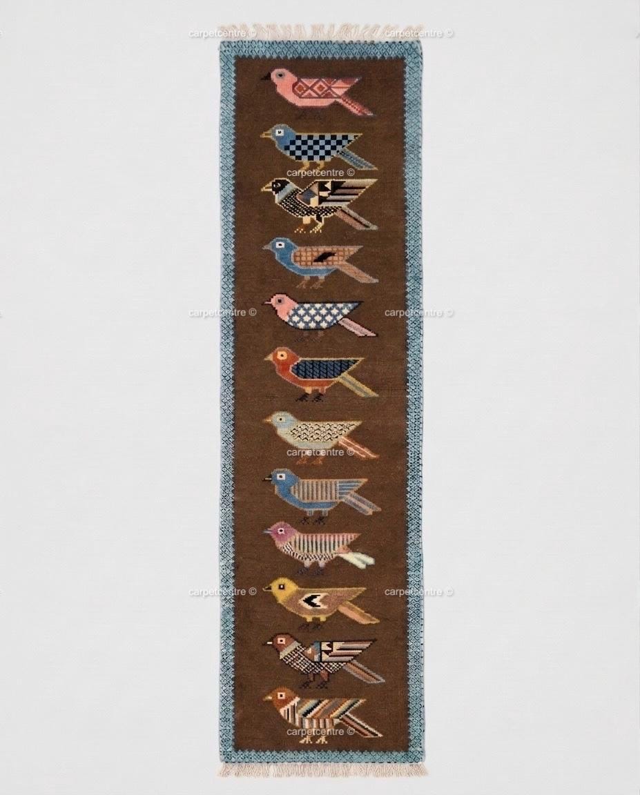 Handmade Wool Runner Rug, Folk Art Bird Design, Olive Green Carpet, Custom Sizes
