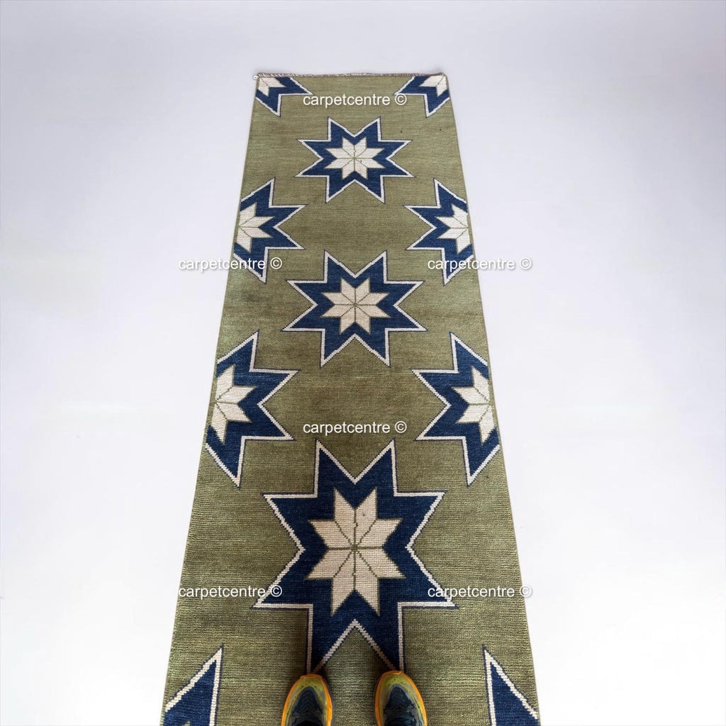 Moss Green Wool Runner Rug, Turkish Knot Star Design, Geometric Hallway Entryway Carpet