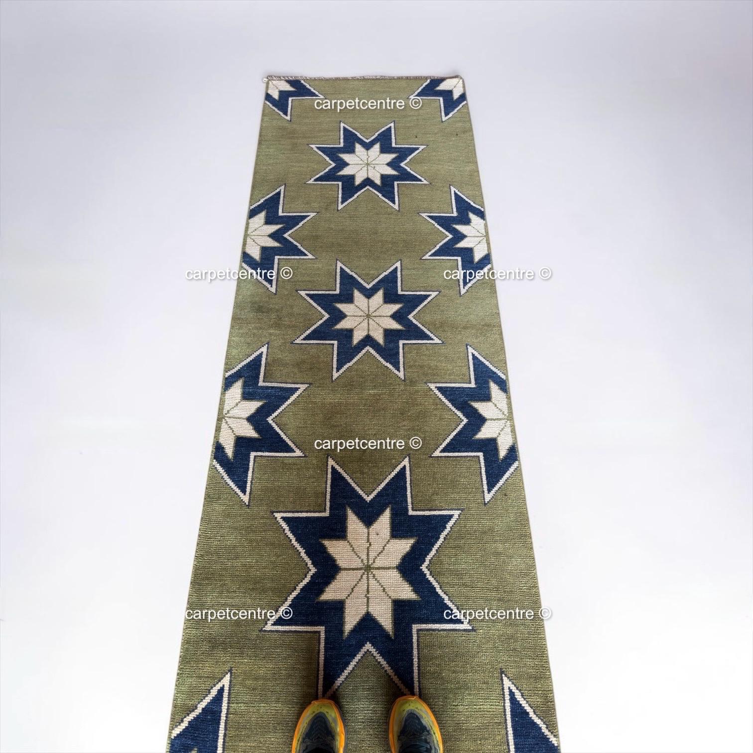 Moss Green Wool Runner Rug, Turkish Knot Star Design, Geometric Hallway Entryway Carpet
