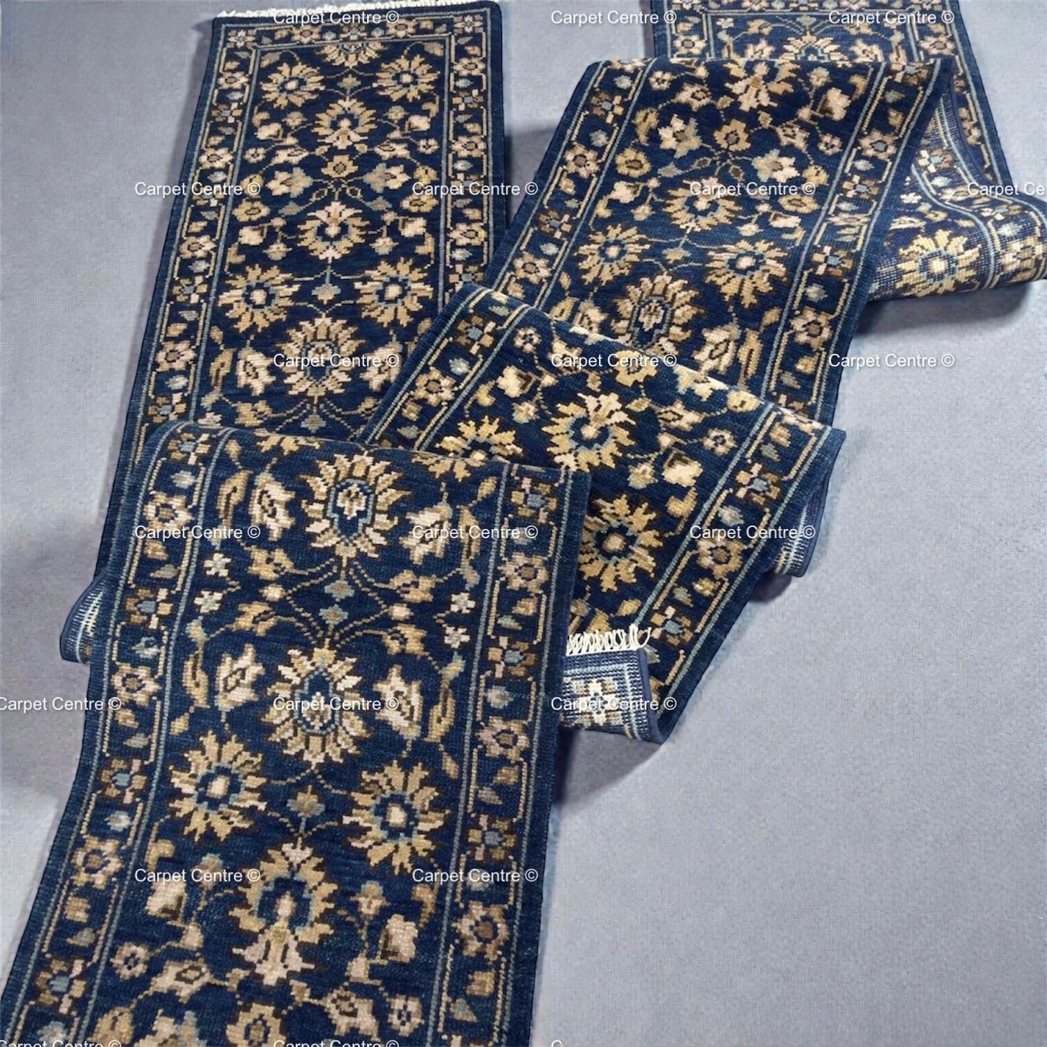 Hand-Knotted Wool Runner Rug | Navy Blue Oushak Floral Hallway Carpet